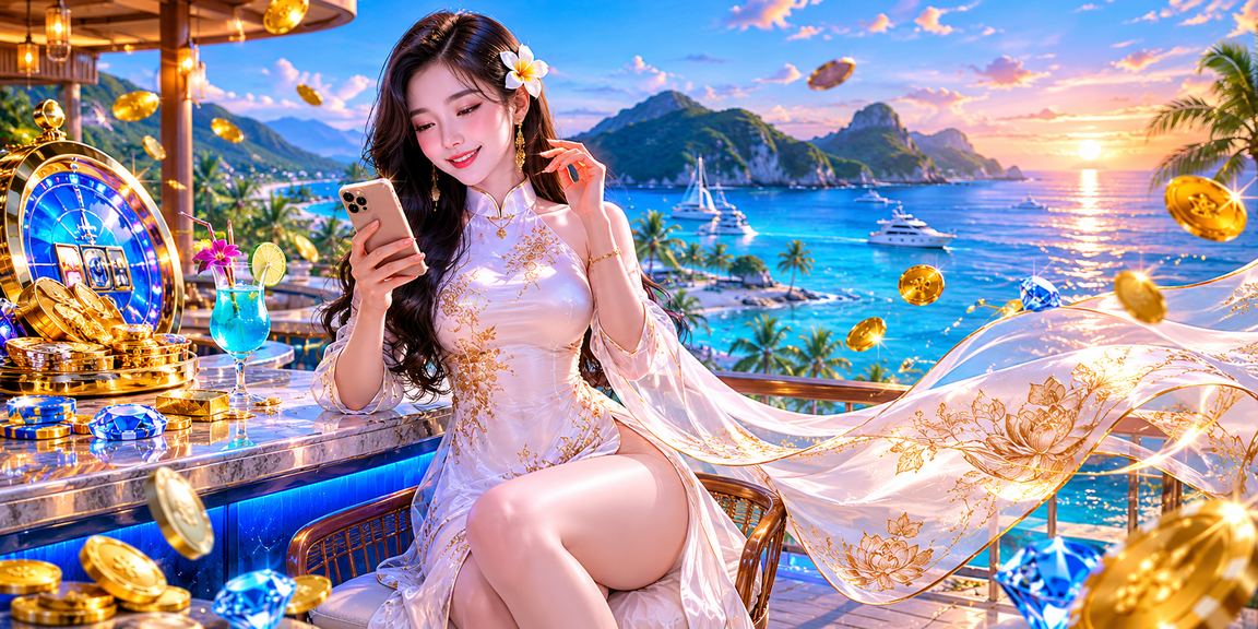 Người phụ nữ mặc áo dài chơi mobile casino tại Côn Đảo bên bờ biển thanh bình